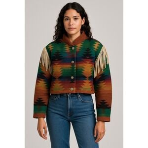 Rod Ranchwear Jacket Fringe Womens Large Aztec‎ Wool Cropped Western Southwest